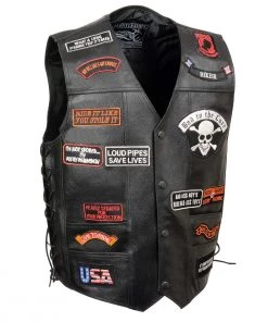 Motorcycle Vests Event Leather ELM3920 Men's Black Side Leather Vest With 23 Patches