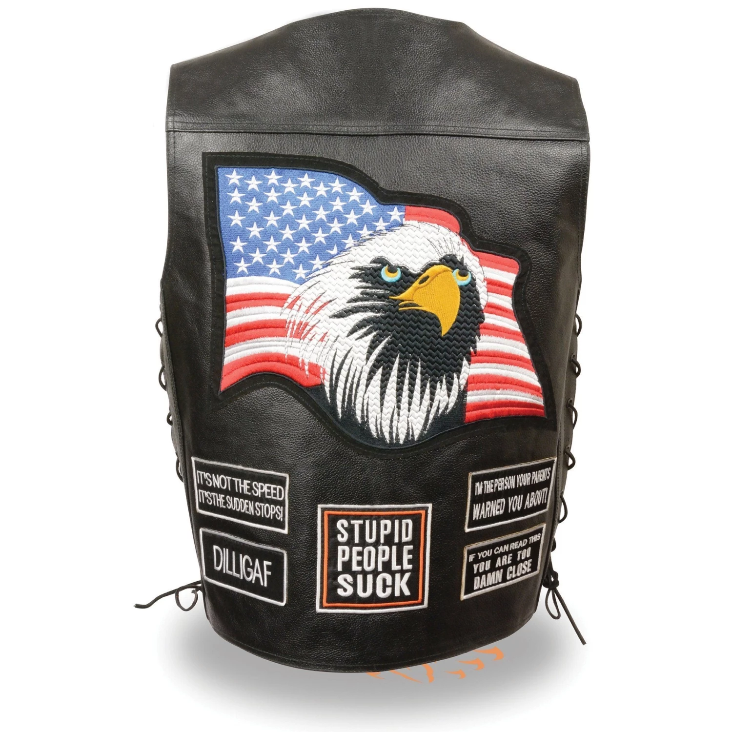 Event Leather ELM3925 Men's 'Eagle And Flag Pre-Patched' Black Leather Side Lace Vest Motorcycle Vests