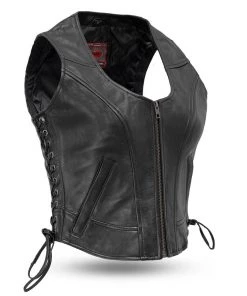 Motorcycle Vests First Manufacturing FIL542GDD Women's ‘The Raven’ Motor Fashion Style Black Leather Vest
