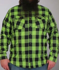 Motorcycle Protective Shirts Hot Leathers FLM2005 Mens Black And Green Long Sleeve Flannel Shirt