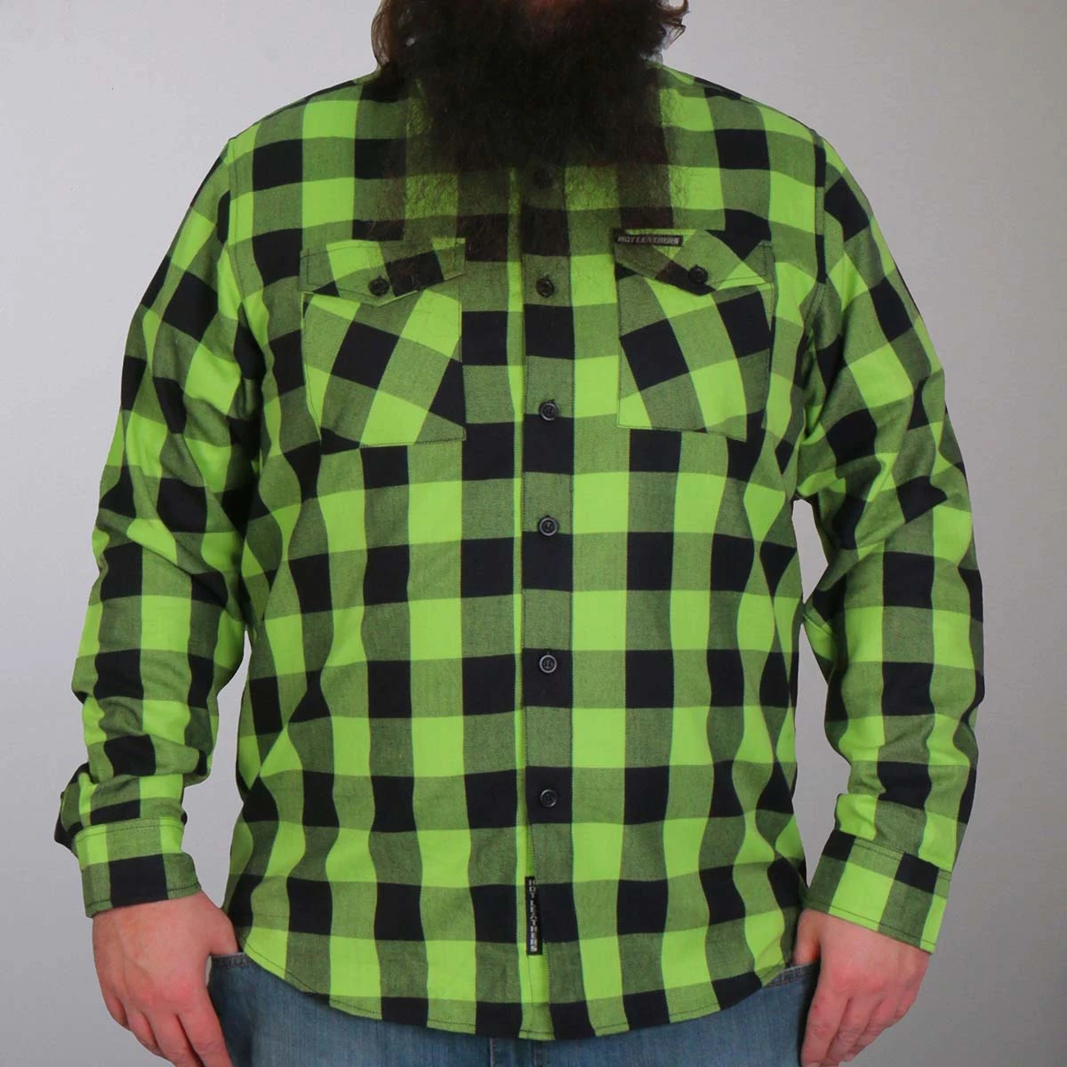 Motorcycle Protective Shirts Hot Leathers FLM2005 Mens Black And Green Long Sleeve Flannel Shirt