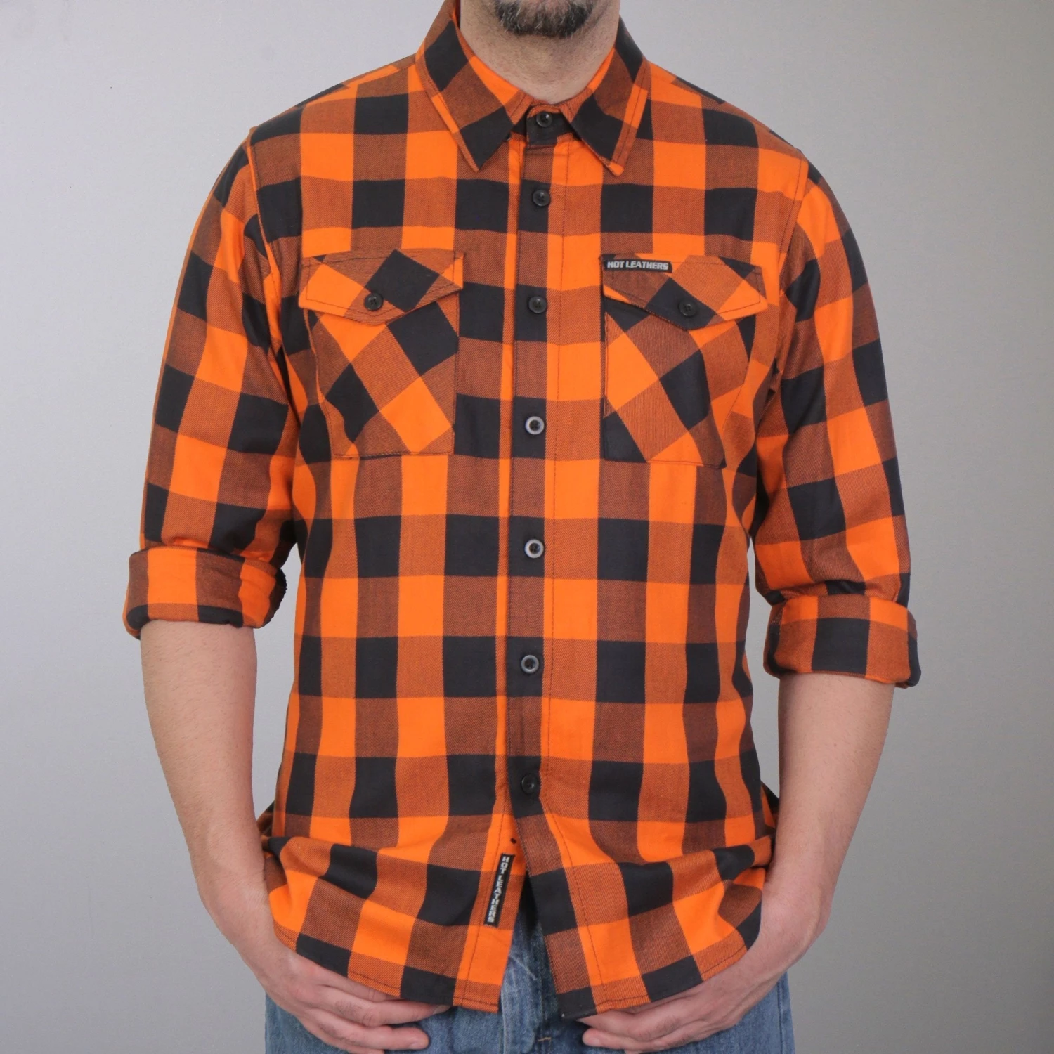 Motorcycle Protective Shirts Hot Leathers FLM2007 Mens Orange And Black Long Sleeve Flannel Shirt