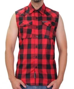 Hot Leathers FLM5001 Men’s Black And Red Sleeveless Cotton Flannel Shirt Riding Gear