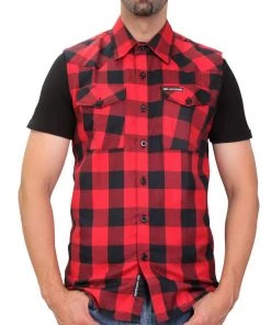 Hot Leathers FLM5001 Men’s Black And Red Sleeveless Cotton Flannel Shirt Riding Gear