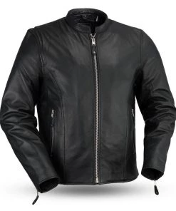 Leather Motorcycle Jackets First Manufacturing FMM202FBZ Men’s ‘The Ace’ Black Motorcycle Clean Café Style Leather Jacket