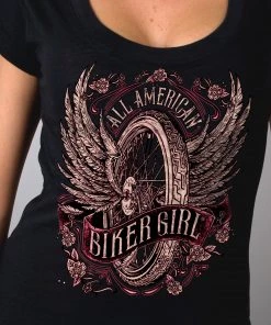 Hot Leathers GLC1518 All American Biker Girl Scoop Neck Ladies Black T-Shirt Riding Gear