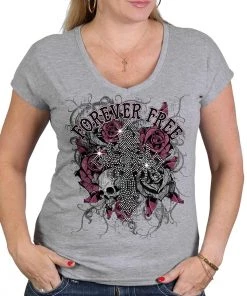 Hot Leathers GLC1557 Ladies Heather Gray Forever Free Cross Bling T Shirt Riding Gear