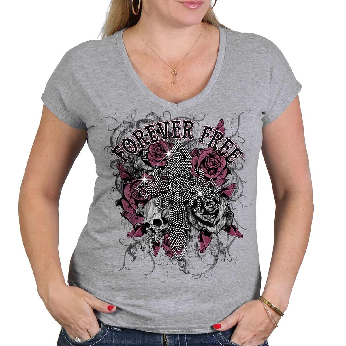 Hot Leathers GLC1557 Ladies Heather Gray Forever Free Cross Bling T Shirt Riding Gear