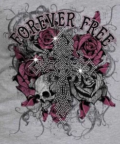 Hot Leathers GLC1557 Ladies Heather Gray Forever Free Cross Bling T Shirt Riding Gear