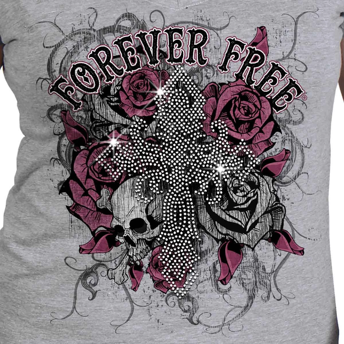 Hot Leathers GLC1557 Ladies Heather Gray Forever Free Cross Bling T Shirt Riding Gear