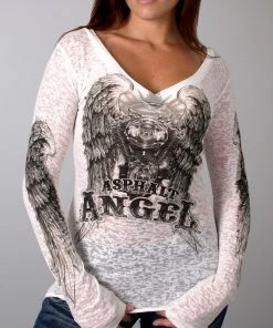 Hot Leathers GLC3009 Ladies Asphalt Angel Long Sleeve Burnout White Tee