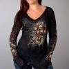 Hot Leathers GLC3028 Ladies Skull Bouquet Burnout Black Long Sleeve