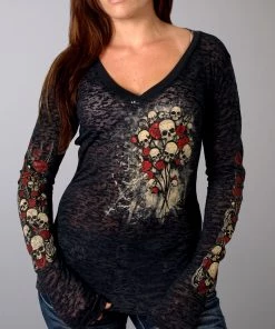 Hot Leathers GLC3028 Ladies Skull Bouquet Burnout Black Long Sleeve