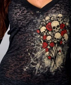 Hot Leathers GLC3028 Ladies Skull Bouquet Burnout Black Long Sleeve
