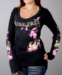 Riding Gear Hot Leathers GLC3131 Ladies Cherries Scoopneck Black Long Sleeve T-Shirt