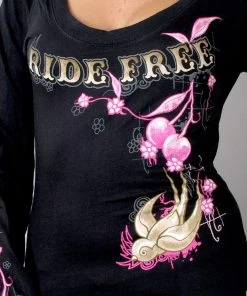 Riding Gear Hot Leathers GLC3131 Ladies Cherries Scoopneck Black Long Sleeve T-Shirt