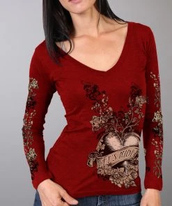 Hot Leathers GLC3326 Banner Heart Heather Red Long Sleeve Ladies Shirt