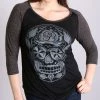 Hot Leathers GLC3352 Sugar Skull Black And Heather Grey 3/4 Sleeve Ladies Shirt Riding Gear