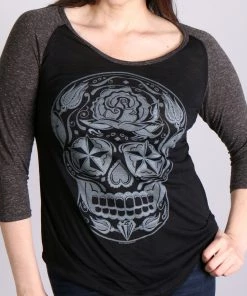 Hot Leathers GLC3352 Sugar Skull Black And Heather Grey 3/4 Sleeve Ladies Shirt Riding Gear