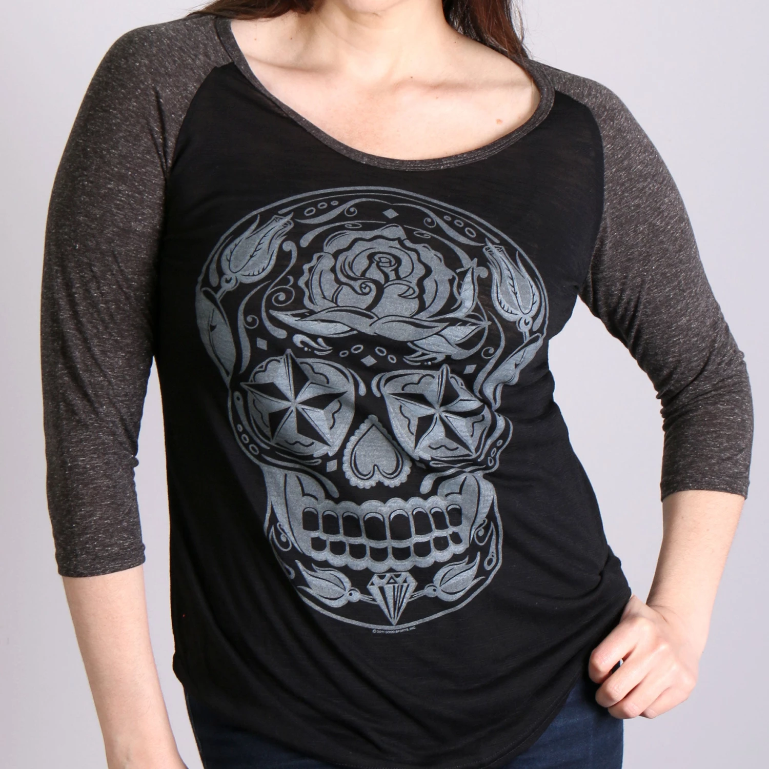 Hot Leathers GLC3352 Sugar Skull Black And Heather Grey 3/4 Sleeve Ladies Shirt Riding Gear