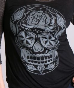 Hot Leathers GLC3352 Sugar Skull Black And Heather Grey 3/4 Sleeve Ladies Shirt Riding Gear
