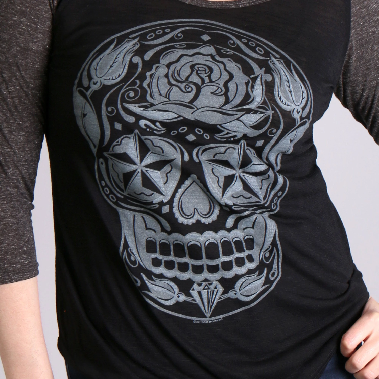 Hot Leathers GLC3352 Sugar Skull Black And Heather Grey 3/4 Sleeve Ladies Shirt Riding Gear
