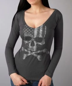 Hot Leathers GLC3495 Flag Skull Ladies Smoke Color Long Sleeve Shirt