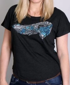 Hot Leathers GLD1345 'Angel Roses' Dolman Relax Fit Full Cut Ladies Vintage Black Tee Riding Gear