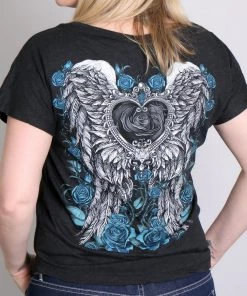 Hot Leathers GLD1345'Angel Roses' Dolman Relax Fit Full Cut Ladies Vintage Black Tee Riding Gear