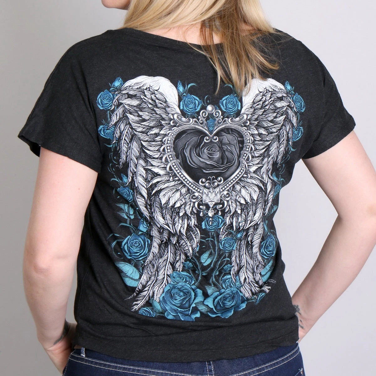 Hot Leathers GLD1345 'Angel Roses' Dolman Relax Fit Full Cut Ladies Vintage Black Tee Riding Gear