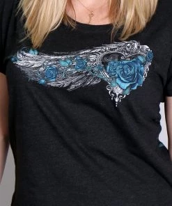Hot Leathers GLD1345'Angel Roses' Dolman Relax Fit Full Cut Ladies Vintage Black Tee Riding Gear
