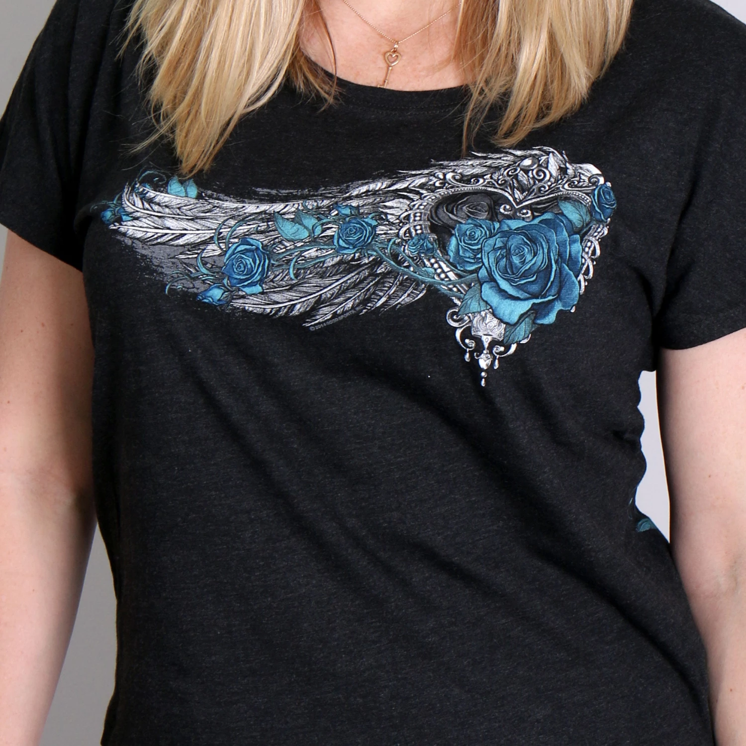 Hot Leathers GLD1345 'Angel Roses' Dolman Relax Fit Full Cut Ladies Vintage Black Tee Riding Gear