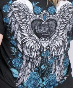 Hot Leathers GLD1345'Angel Roses' Dolman Relax Fit Full Cut Ladies Vintage Black Tee Riding Gear