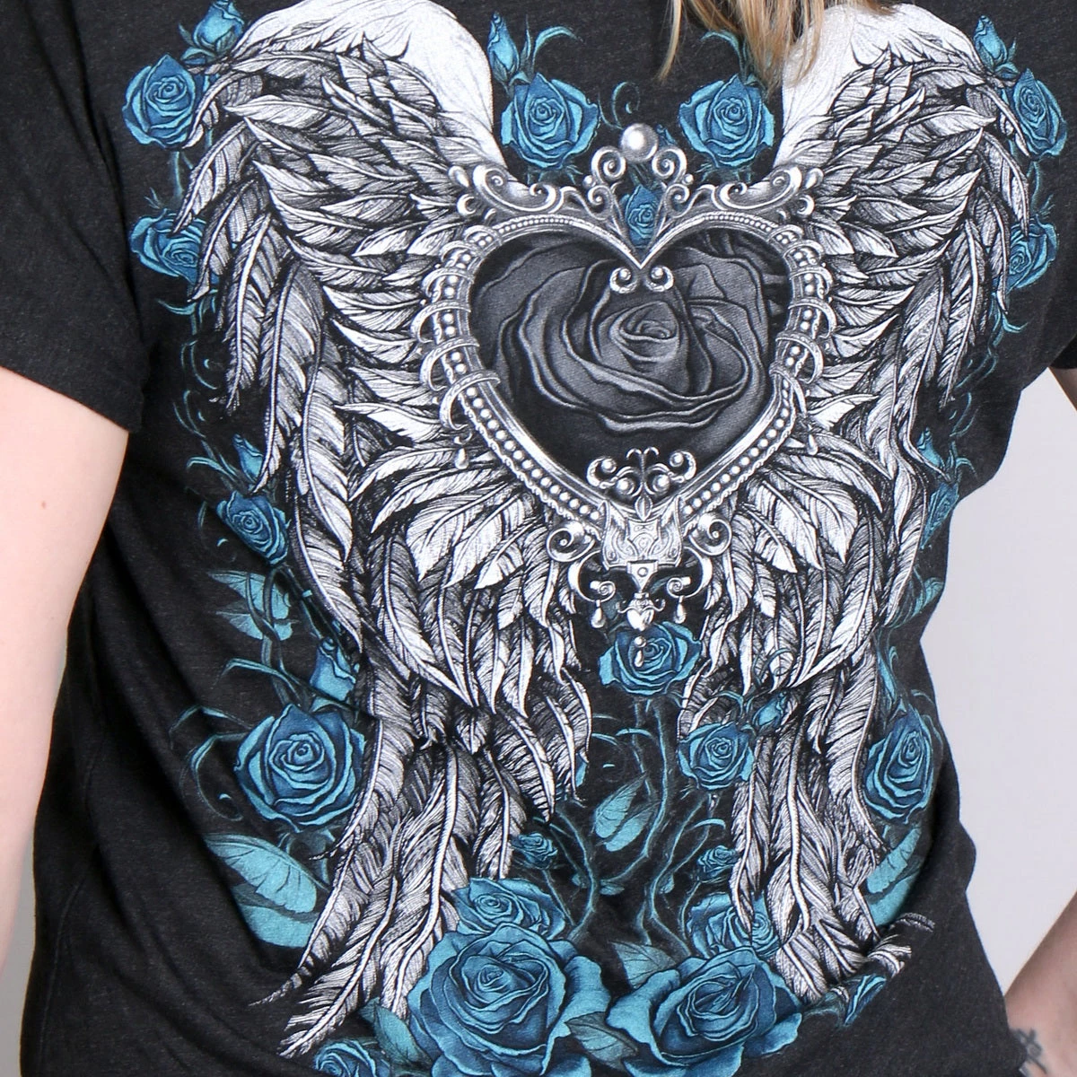 Hot Leathers GLD1345 'Angel Roses' Dolman Relax Fit Full Cut Ladies Vintage Black Tee Riding Gear