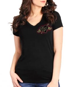 Riding Gear Hot Leathers GLD1550 Ladies Black Rose Wings V-Neck T-Shirt