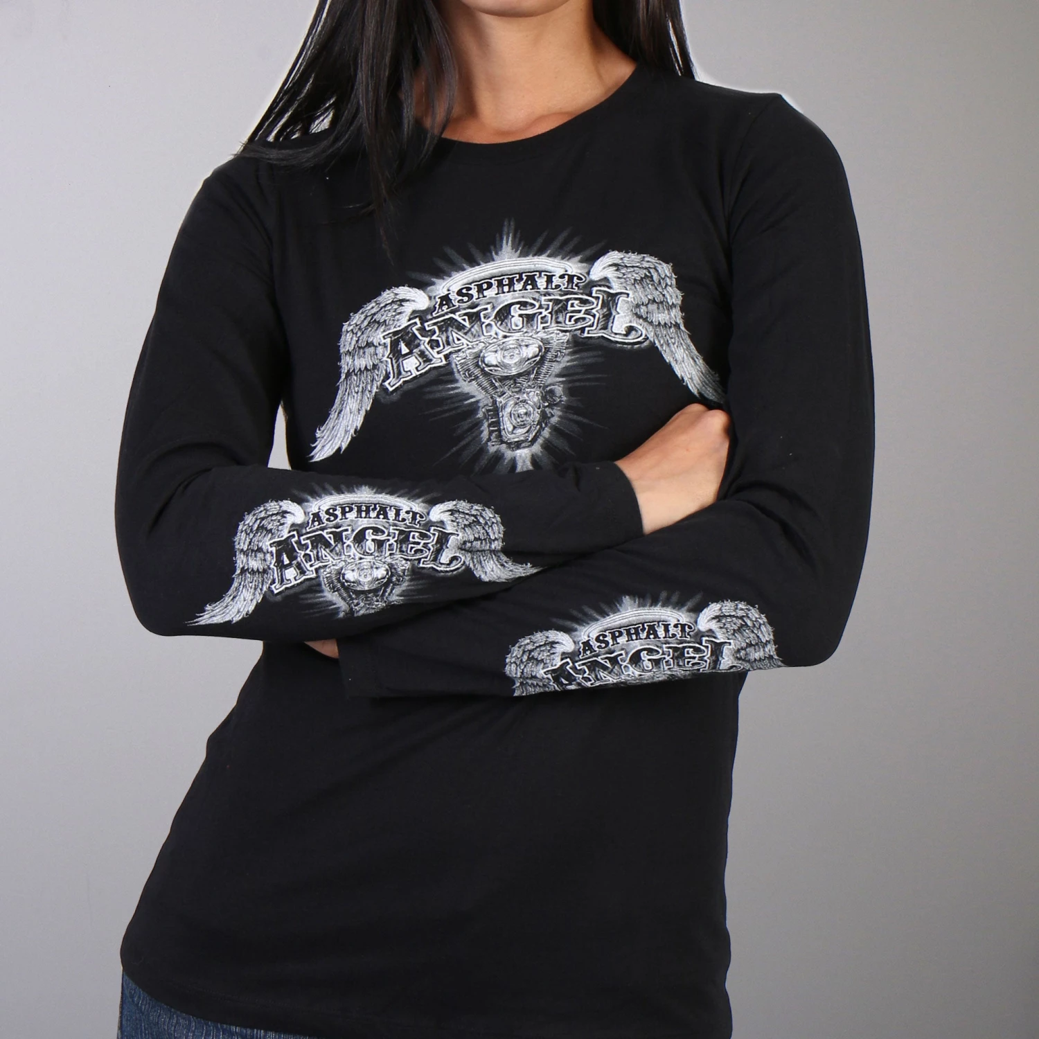 Hot Leathers GLD3038 'Asphalt Angel' Double-Sided Print Ladies Black Long Sleeve T-Shirt Riding Gear