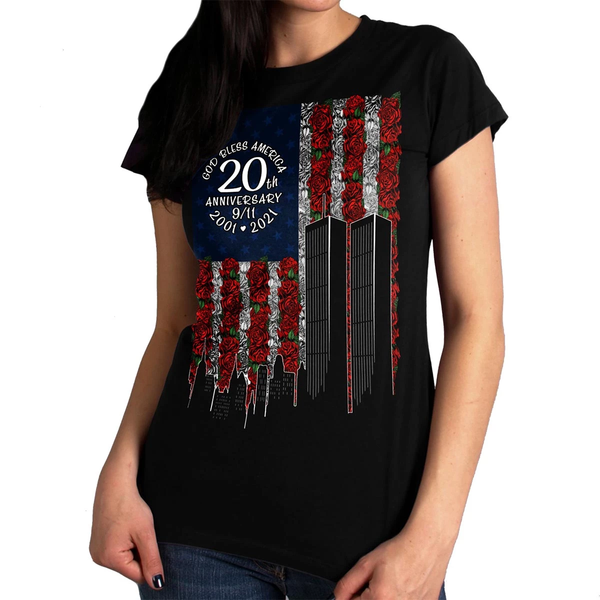 Hot Leathers GLR1350 Ladies Black '9-11 Roses And Flag' T-Shirt