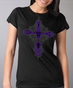 Hot Leathers GLR1469 'Studded Fleur De Lis Cross' Ladies Black T-Shirt Riding Gear