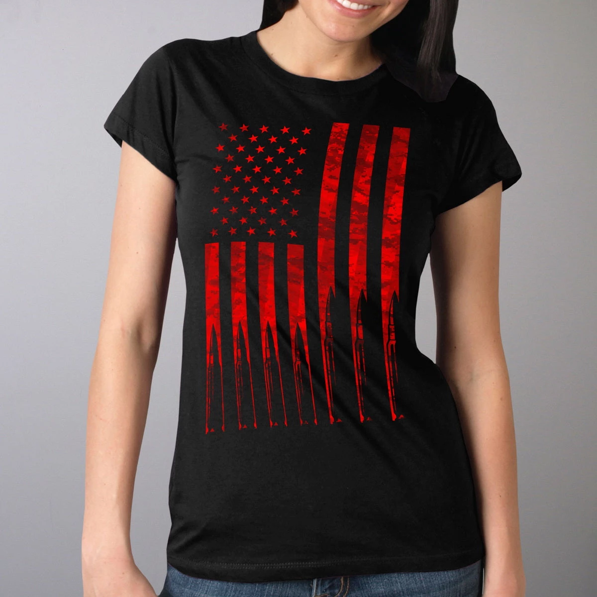 Riding Gear Hot Leathers GLR1498 'Flag And Bullets' Full Cut Ladies Black T-Shirt