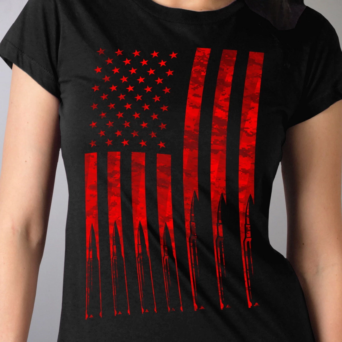 Riding Gear Hot Leathers GLR1498 'Flag And Bullets' Full Cut Ladies Black T-Shirt