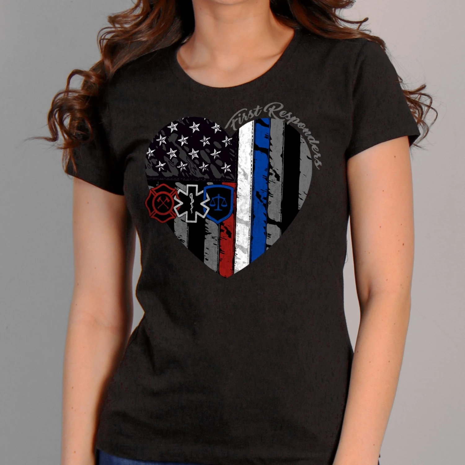 Riding Gear Hot Leathers GLR1517 Heart First Responders Ladies Black T-Shirt