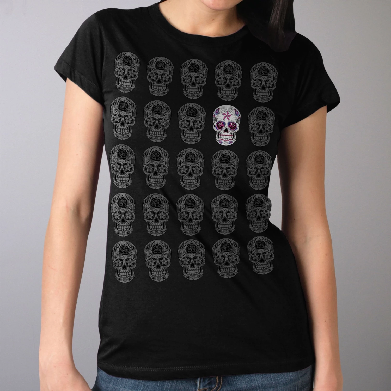 Hot Leathers GLR1519 Sugar Skull Pattern Ladies Full Cut Black T-Shirt Riding Gear