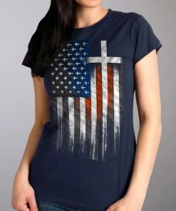 Hot Leathers GLR1520 American Flag Crosses Ladies Black T-Shirt Riding Gear