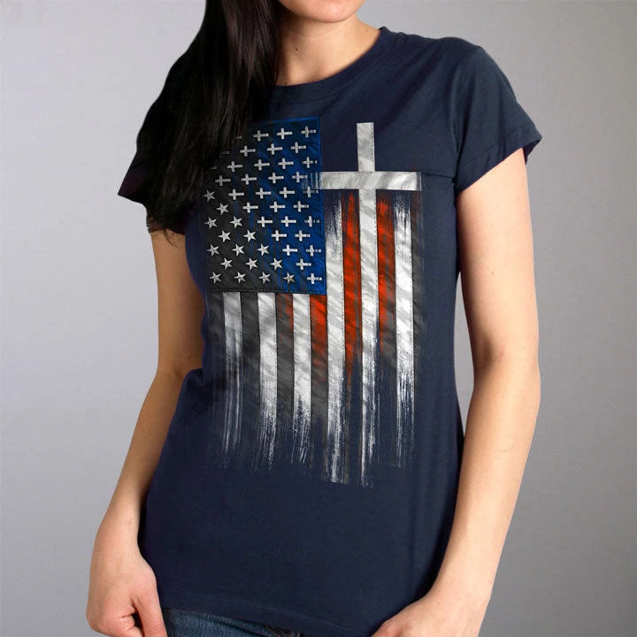 Hot Leathers GLR1520 American Flag Crosses Ladies Black T-Shirt Riding Gear