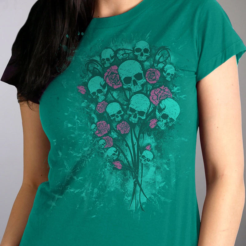 Riding Gear Hot Leathers GLR1527 Ladies Skull Bouquet Full Cut Carolina Blue T-Shirt