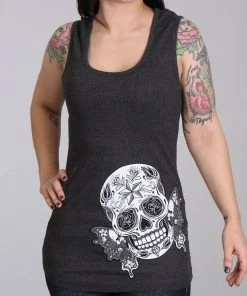 Hot Leathers GLR2388 'Butterfly Sugar Skull' Full Length Boy Beater Heather Charcoal Tank Top