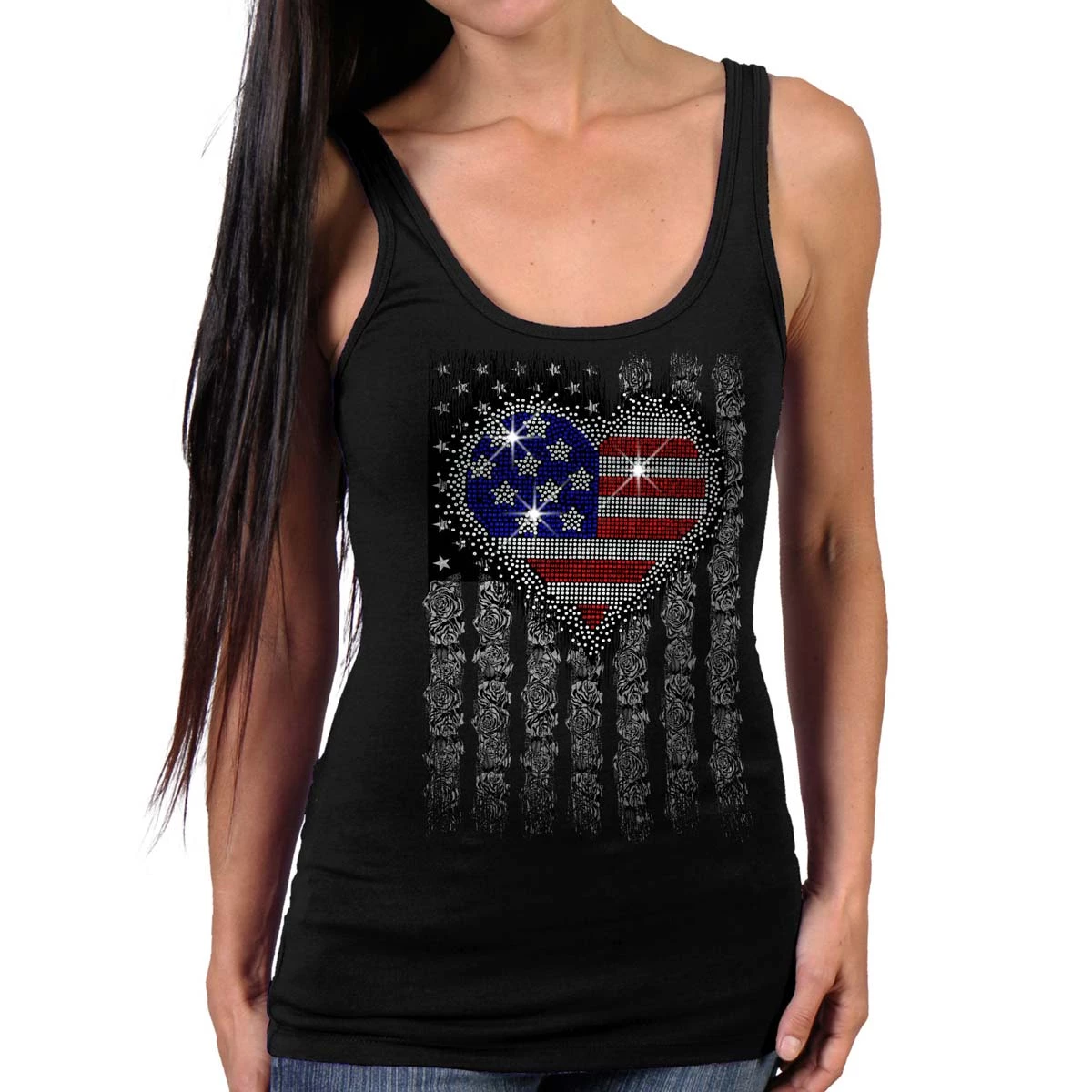 Hot Leathers GLR2559 Ladies Black Heart Bling Flag Tank Top Riding Gear