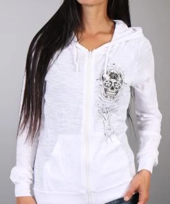 Hot Leathers GLZ4237 Ladies 'Sugar Skull' Lightweight Slubby Hooded White Hoodie Motorcycle Jackets