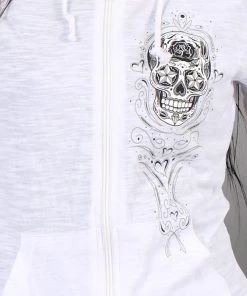 Hot Leathers GLZ4237 Ladies 'Sugar Skull' Lightweight Slubby Hooded White Hoodie Motorcycle Jackets