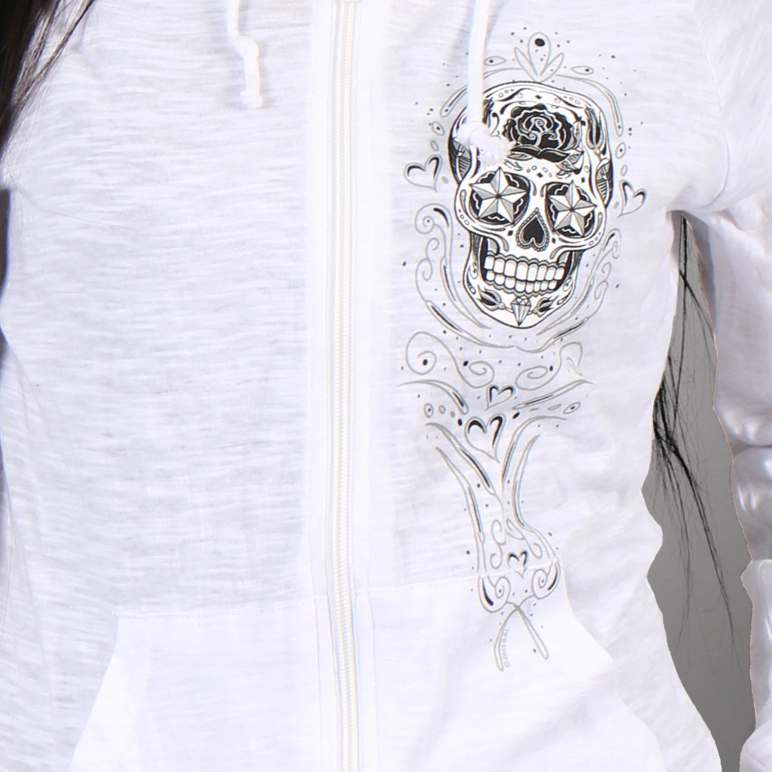 Hot Leathers GLZ4237 Ladies 'Sugar Skull' Lightweight Slubby Hooded White Hoodie Motorcycle Jackets